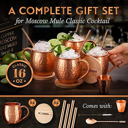 Yooreka Gift Set Moscow Mule Mugs Set Of 4 16 oz Solid Cooper, 100% Pure Copper Cups Cylindrical Shape HANDCRAFTED,BONUS 4 Straws, 4 Wood Coasters, Stirring Spoon, Cleaning brush (Oval)