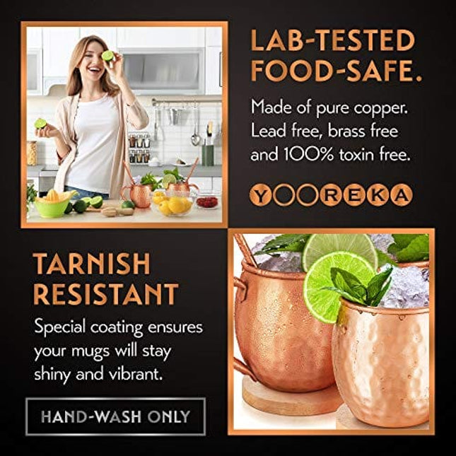 Yooreka Gift Set Moscow Mule Mugs Set Of 4 16 oz Solid Cooper, 100% Pure Copper Cups Cylindrical Shape HANDCRAFTED,BONUS 4 Straws, 4 Wood Coasters, Stirring Spoon, Cleaning brush (Oval)