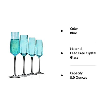 ziixon Champagne Flutes 8Oz Blue Wedding Champagne Glasses Classy Champagne Flutes Elegant Crystal Champagne Flutes Set of 4 for Anniversary Christmas (Blue)