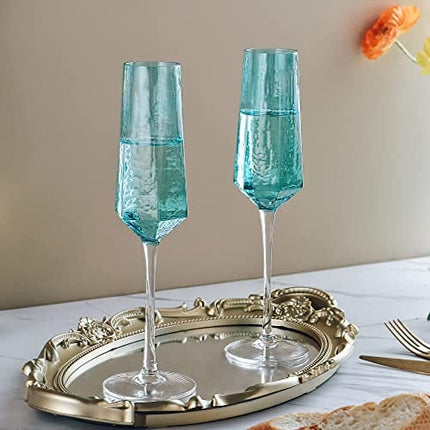 ziixon Champagne Flutes 8Oz Blue Wedding Champagne Glasses Classy Champagne Flutes Elegant Crystal Champagne Flutes Set of 4 for Anniversary Christmas (Blue)