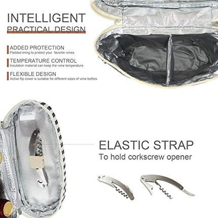 2 Bottle Insulated Wine Tote Bag, Wine Carrier Travel Padded Cooler Bag with Shoulder Strap Corkscrew Opener, Perfect for Picnic and Outdoor Entertaining Wine Lover's
