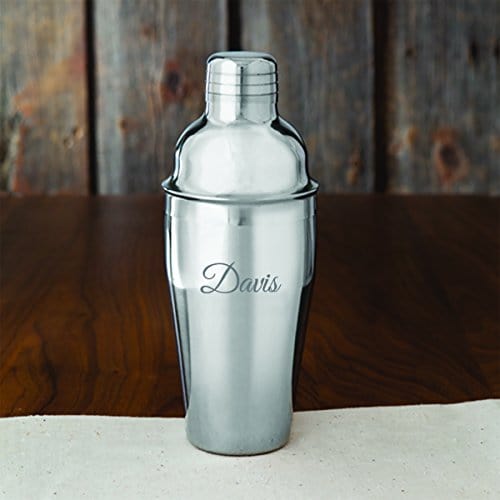 Personalized Stainless Steel Cocktail Shaker with Strainer, Silver Martini Drink Mixer (Script Design) - Barware Gift for Dad, Boyfriend