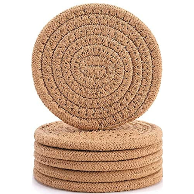 6Pcs Coasters for Drinks, ABenkle Stylish Handmade Braided Woven Drink Coasters (4.3inch), 100% Cotton Super Absorbent Heat-Resistant Round Coasters, Great Housewarming Gift ( Brown
