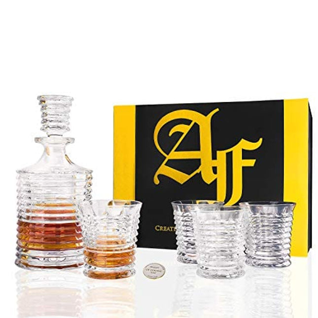 Whiskey Decanter Gift Set ?Pier? 5-Piece (1 Carafe + 4 Glasses) incl. Lucky Coin in Box. Premium 100% lead-free Crystal Glass for Liquor, Bourbon, Scotch. Dishwasher Safe - AdamFranklin1881