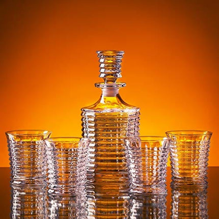 Whiskey Decanter Gift Set ?Pier? 5-Piece (1 Carafe + 4 Glasses) incl. Lucky Coin in Box. Premium 100% lead-free Crystal Glass for Liquor, Bourbon, Scotch. Dishwasher Safe - AdamFranklin1881