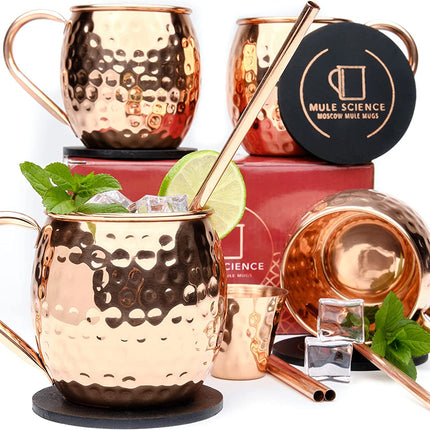 Advanced Mixology [Gift Set] Mule Science Moscow Mule Mugs Set of 4 (19 oz. large size) | 100% Handcrafted | Food Safe | Copper Mugs w/Accessories | Tarnish Resistant Copper Cups