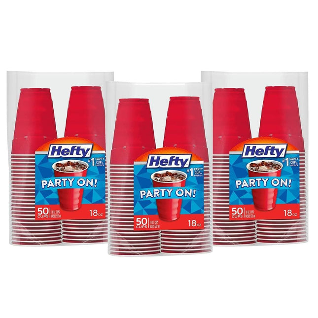 Hefty Party On Disposable Plastic Cups, Red, 18 Ounce, 50 Count (Pack of 3), 150 Total