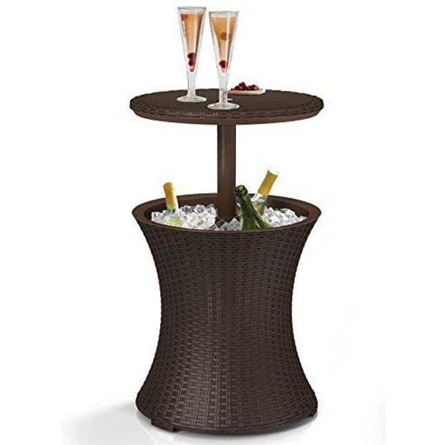 Keter Pacific Cool Bar Outdoor Patio Furniture and Hot Tub Side Table with 7.5 Gallon Beer and Wine Cooler, Brown