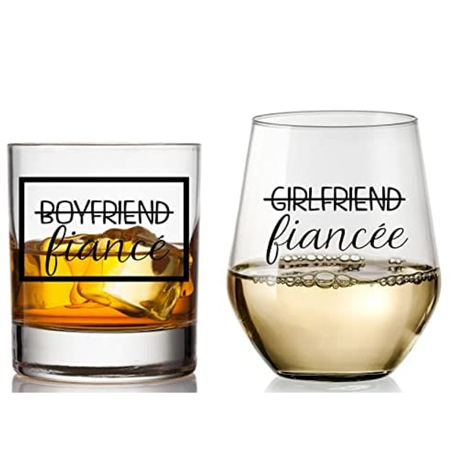 Advanced Mixology Boyfriend and Girlfriend Wine and Whiskey Glass Gift Set - Engagement Gifts for Couples - Fiance Fiancee Gift for Him and Her - His and Hers Glasses For Mr and Mrs Bride and Groom