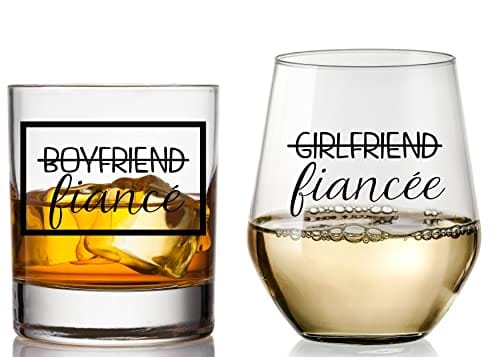 Advanced Mixology Boyfriend and Girlfriend Wine and Whiskey Glass Gift Set - Engagement Gifts for Couples - Fiance Fiancee Gift for Him and Her - His and Hers Glasses For Mr and Mrs Bride and Groom