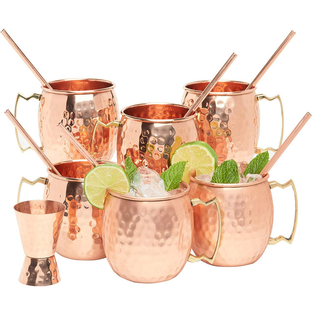 Kitchen Science [Gift Set] Moscow Mule Copper Mugs Set of 6 (16oz) w/Straws & Jigger | 100% Pure Copper Cups, Tarnish-Resistant Food Grade Lacquered Finish, Ergonomic Handle (No Rivet) w/Solid Grip