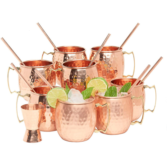 Kitchen Science [Gift Set] Moscow Mule Copper Mugs Set of 8 (16oz) w/Straws & Jigger | 100% Pure Copper Cups, Tarnish-Resistant Food Grade Lacquered Finish, Ergonomic Handle (No Rivet) w/Solid Grip