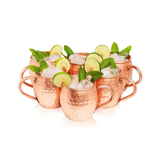 Kitchen Science Moscow Mule Copper Mugs Set of 6 (16oz) | Food Grade 100% Pure Copper Cups | Handcrafted w/Lacquered Hammered Finish, Smooth Rounded Lip, Ergonomic Handle (No Rivet) w/Solid Grip