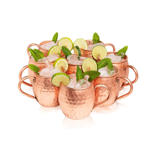 Kitchen Science Moscow Mule Copper Mugs Set of 8 (16oz) | Food Grade 100% Pure Copper Cups | Handcrafted w/Lacquered Hammered Finish, Smooth Rounded Lip, Ergonomic Handle (No Rivet) w/Solid Grip