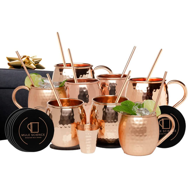 Advanced Mixology [Gift Set] Mule Science Moscow Mule Mugs Set of 8 (16oz) | Solid Barrel 100% Copper Mugs Set w/ 8 Straws, 8 Coasters & 1 Shot Glass | Handcrafted Tarnish-Resistant Food Grade Lacquer Coat