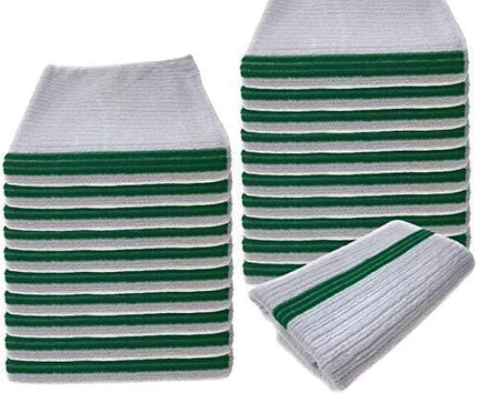 UTowels Premium 24 Pack White with Green Stripe Bar Mop Microfiber Towels for Home, Kitchen, Restaurant Cleaning (White/Green Stripe, 14inx18in)