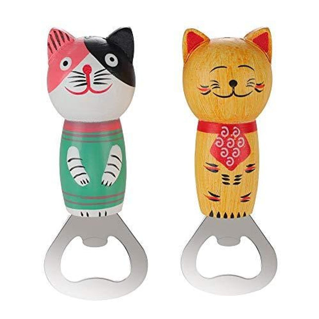 Bottle Opener Stainless Steel Beer Bottle Opener Cute Wooden Cats Opener with Magnet 2pcs