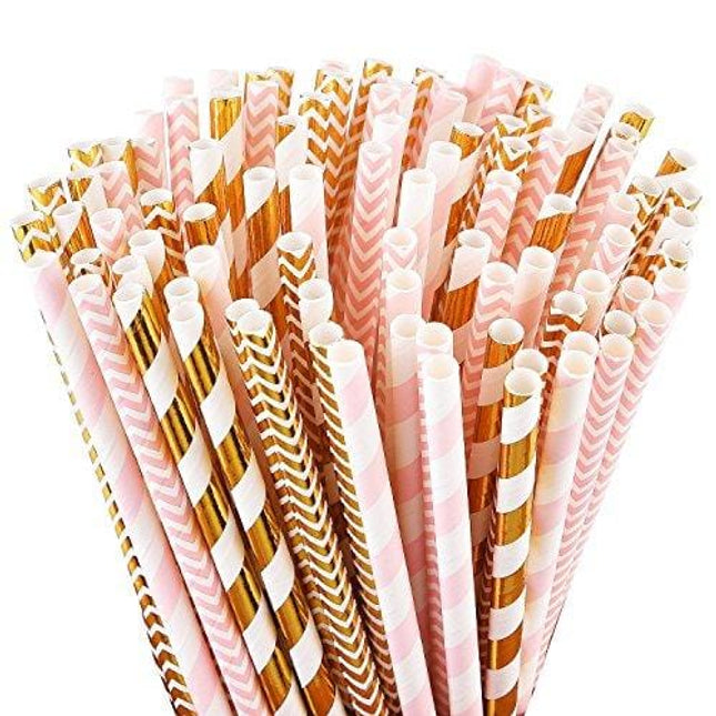 ALINK Biodegradable Paper Straws, 100 Pink Straws / Gold Straws for Party Supplies, Birthday, Wedding, Bridal / Baby Shower Decorations and Holiday Celebrations