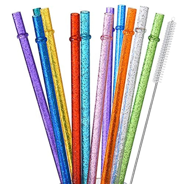 ALINK 12-Pack Glitter Reusable Clear Plastic Straws, 11" Long Hard Tumbler Drinking Straws with Cleaning Brush (10 Colors)