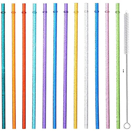 ALINK 12-Pack Glitter Reusable Clear Plastic Straws, 11" Long Hard Tumbler Drinking Straws with Cleaning Brush (10 Colors)