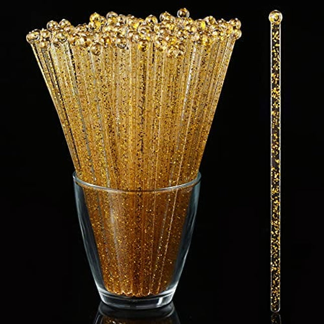 ALINK 125-Pack Gold Glitter Plastic Swizzle Sticks, Crystal Cake Pops, Cocktail Coffee Drink Stirrers, 7.24 Inch