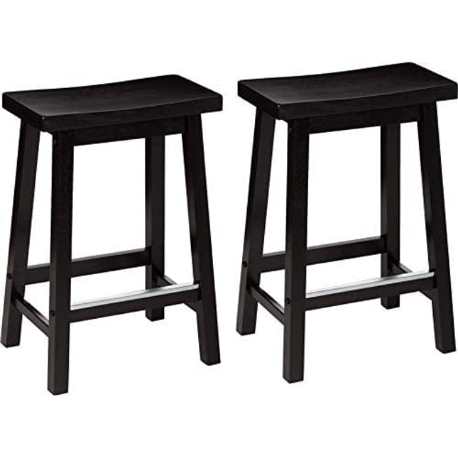 Amazon Basics Solid Wood Saddle-Seat Kitchen Counter-Height Stool - Set of 2, 24-Inch Height, Black