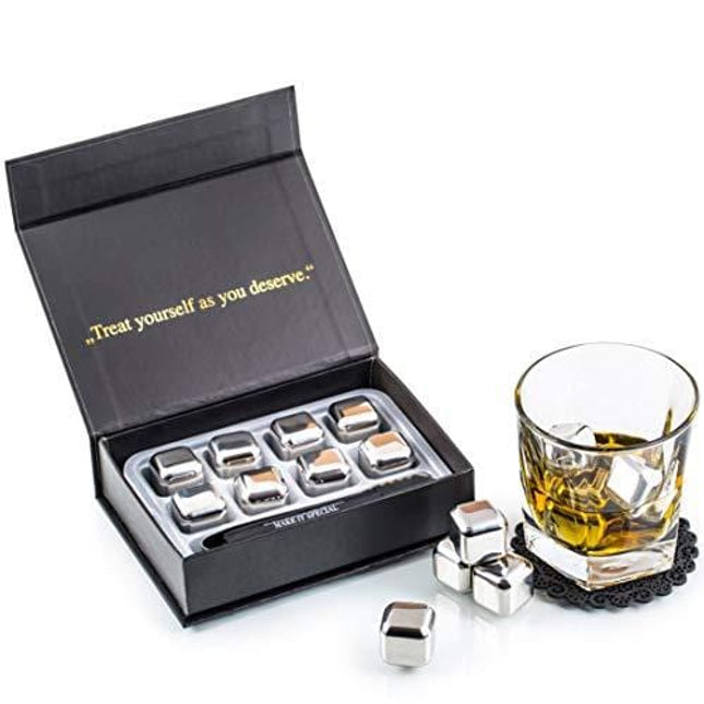 Exclusive Whiskey Stones Gift Set - High Cooling Technology - Reusable Ice Cubes - Stainless Steel Whiskey Ice Cubes - Whiskey Rocks - Whiskey Gifts for Men - Best Man Gift with Coasters + Ice Tongs