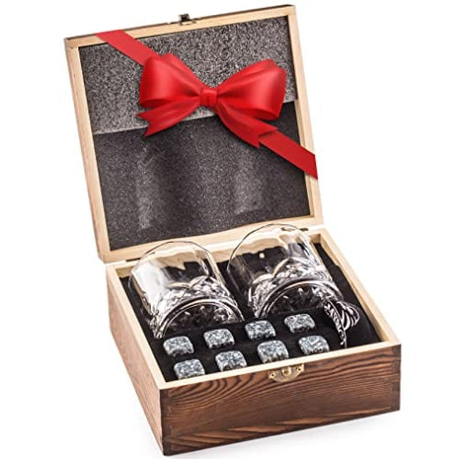𝗕𝗘𝗦𝗧 𝗚𝗜𝗙𝗧: Impressive Whiskey Stones Gift Set with 2 Glasses - Be Different When Choosing a Gift - Luxury Box with 8 Granite Whiskey Rocks, Ice Tongs - Ice Cubes Reusable - Best Man Gift