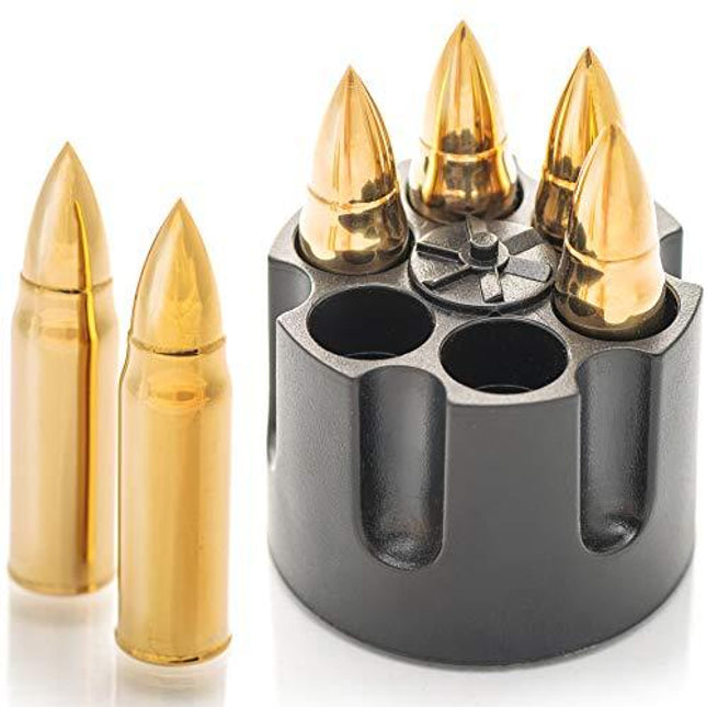Whiskey Stones Bullets with Base - Gold XL Whiskey Ice Cubes Reusable - Cool Gifts for Men - Set of 6 Whiskey Bullets Stainless Steel in Revolver Base - Chilling Whiskey Rocks Gift Set by Advanced Mixology
