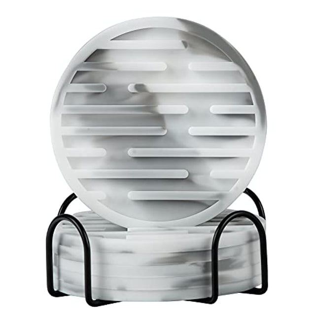 Drinks Coasters , Amoowis Coasters for Drinks Absorbent with Holder, Set of 6 Soft Silicone Coasters, Coasters for Coffee Table 4 Inch Size ,Great Gift for Birthday, Housewarming,Bar, Marble Pattern