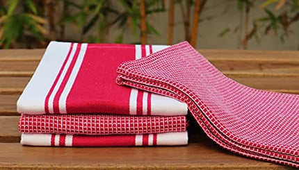 AMOUR INFINI Classic Kitchen Towels | 2 Stripe + 2 Waffle | 28 x 20 Inch, Over Sized | Multi-use Dish Towels |100% Ring Spun Premium Cotton | Highly Absorbent | Red