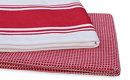 AMOUR INFINI Classic Kitchen Towels | 2 Stripe + 2 Waffle | 28 x 20 Inch, Over Sized | Multi-use Dish Towels |100% Ring Spun Premium Cotton | Highly Absorbent | Red