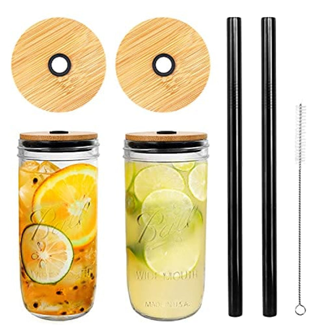Mason Jar with Lid and Straw, 24oz Wide Mouth Mason Jar Drinking Glasses Tumbler, Black Silicone Sleeve Bamboo Lid, Reusable Boba Cups Travel Bottle for Iced Coffee Large Pearl Juices Cocktail