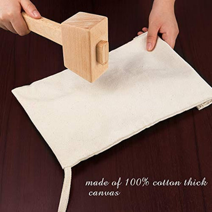 Pack of 2 Professional Lewis Bags and 1 Piece Ice Mallet Set-13.38 × 8.66 Inch Reusable Canvas Crushed Ice Bags with Wooden Mallet for Home Party Bar Kitchen Dried Ice Crushing
