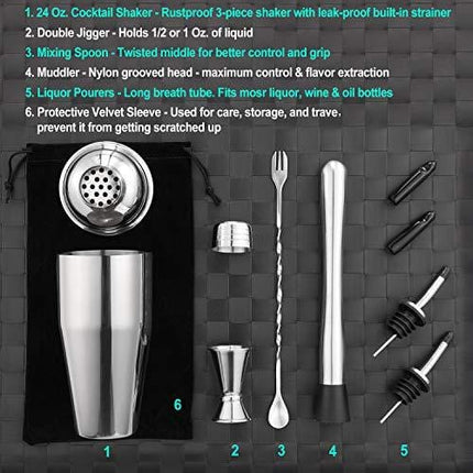 24 oz Cocktail Shaker Bartender Set by Aozita, Stainless Steel Martini Shaker, Mixing Spoon, Muddler, Measuring Jigger, Liquor Pourers with Dust Caps and Manual of Recipes, Professional Bar Tools