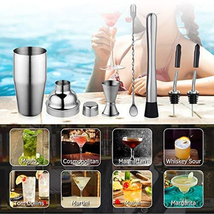 24 oz Cocktail Shaker Bartender Set by Aozita, Stainless Steel Martini Shaker, Mixing Spoon, Muddler, Measuring Jigger, Liquor Pourers with Dust Caps and Manual of Recipes, Professional Bar Tools
