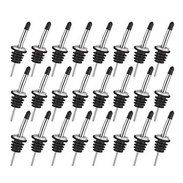 24 Pack Stainless Steel Classic Bottle Pourers Tapered Spout - Liquor Pourers with Rubber Dust Caps