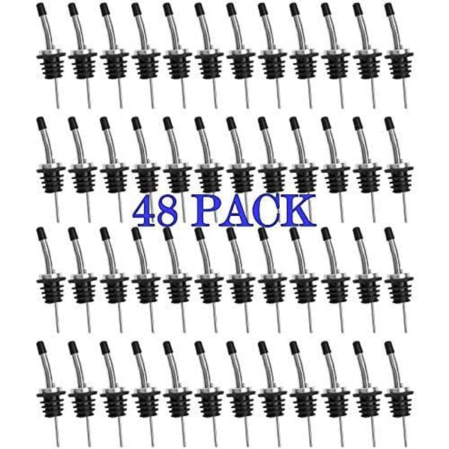 48 Pack Stainless Steel Classic Bottle Pourers Tapered Spout - Liquor Pourers with Rubber Dust Caps