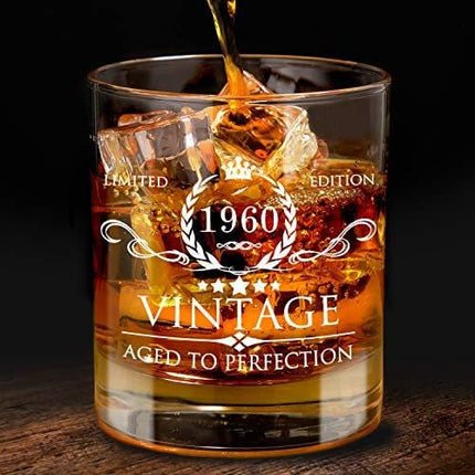 AOZITA 60th Birthday Gifts for Men - 1960 60th Birthday Decorations for Men, Party Supplies - 60th Anniversary Gifts Ideas for Him, Dad, Husband, Friends - 11oz Whiskey Glass