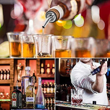 [UPGRADED VERSION] 6 Pack Stainless Steel Classic Bottle Pourers Tapered Spout - Liquor Pourers with Rubber Dust Caps