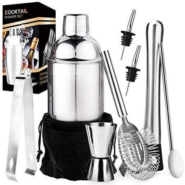 Stainless Steel Bartender Kit, Cocktail Shaker Bar Set with Martini Kit,Double Measuring Jigger,Mixing Spoon,Liquor Pourers,Muddler,Strainer and Ice Tongs| Professional Bartender Drink Making Tools