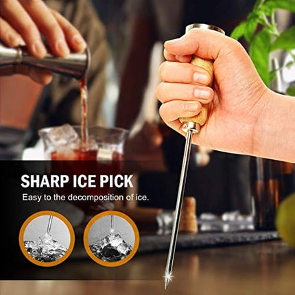 AQUEENLY Stainless Steel Ice Pick with Safety Wooden Handle for Kitchen, Bar, 8.6 Inches, 3 PCS