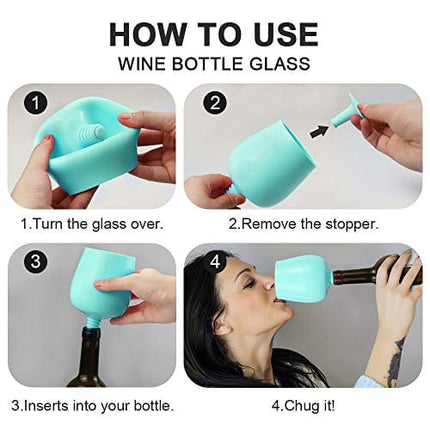 Arcoolor Silicone Wine Glass Bottle, 3 Uses In 1 Unbreakable Wine Cups, Bottle Stopper, Wines Glasses for Party Essentials Funny Gag Gift (12 Oz, Glowing Aqua Blue)