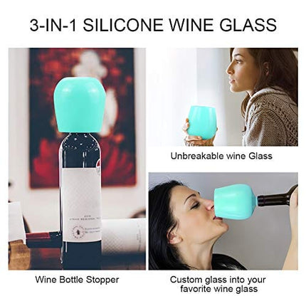 Arcoolor Silicone Wine Glass Bottle, 3 Uses In 1 Unbreakable Wine Cups, Bottle Stopper, Wines Glasses for Party Essentials Funny Gag Gift (12 Oz, Glowing Aqua Blue)