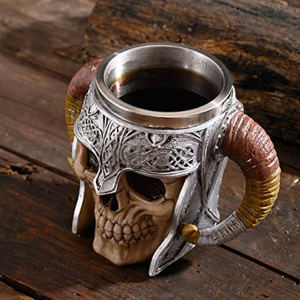 Stainless Steel Double Handle Horn Skull Beer Cup, Viking Warrior Skull Mug Tankard, Medieval Skull Drinkware Mug for Coffee/Beverage/Juice 17oz.