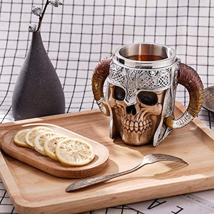 Stainless Steel Double Handle Horn Skull Beer Cup, Viking Warrior Skull Mug Tankard, Medieval Skull Drinkware Mug for Coffee/Beverage/Juice 17oz.