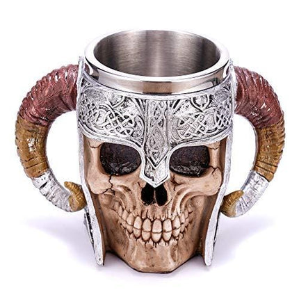 Stainless Steel Double Handle Horn Skull Beer Cup, Viking Warrior Skull Mug Tankard, Medieval Skull Drinkware Mug for Coffee/Beverage/Juice 17oz.