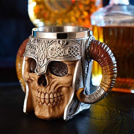 Stainless Steel Double Handle Horn Skull Beer Cup, Viking Warrior Skull Mug Tankard, Medieval Skull Drinkware Mug for Coffee/Beverage/Juice 17oz.