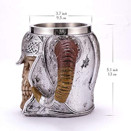 Stainless Steel Double Handle Horn Skull Beer Cup, Viking Warrior Skull Mug Tankard, Medieval Skull Drinkware Mug for Coffee/Beverage/Juice 17oz.