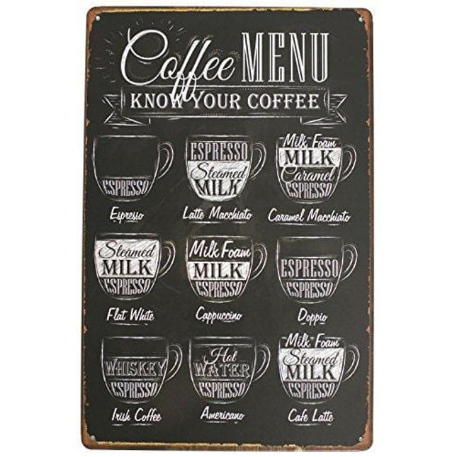 ARTCLUB Coffee Menu Know Your Coffee Latte Espresso Metal Tin Sign, Vintage Antique Plaque Poster Kitchen Home Cafe Wall Decor